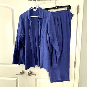 Royal Blue Button-Up Shirt/Jacket and Pants Crinkle Light Weight Fabric Set XXL